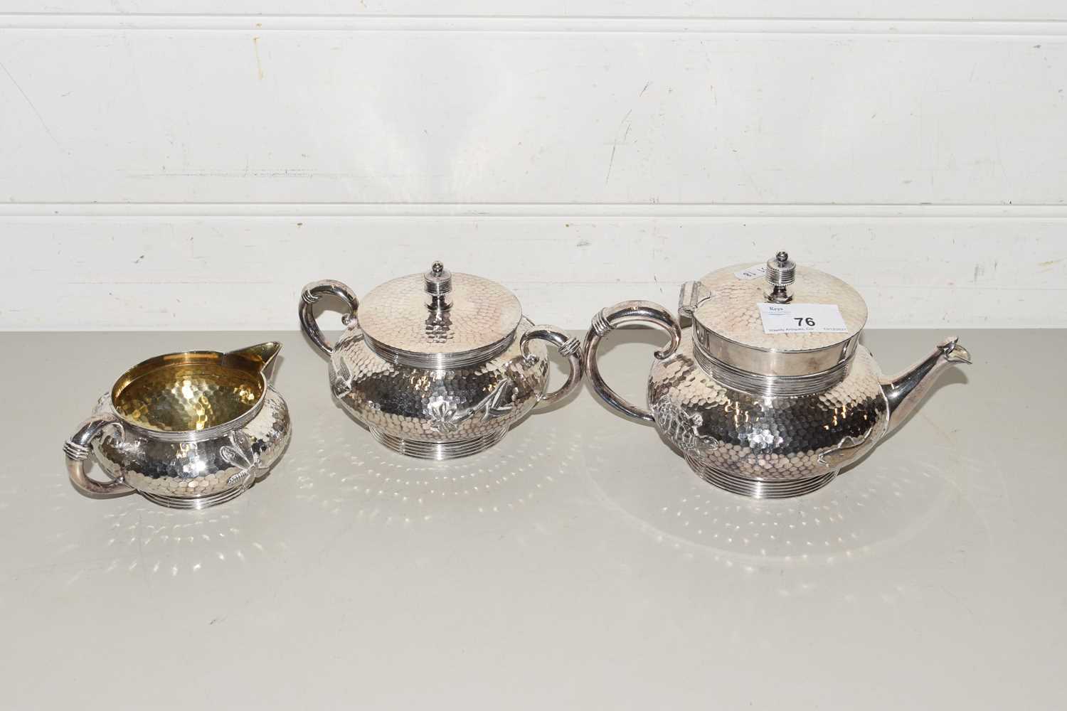 UNUSUAL AMERICAN THREE PIECE SILVER PLATED BACHELOR'S TEA SET DECORATED WITH ANIMALS, PRODUCED BY