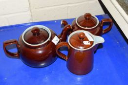 TWO TEA POTS, DENBY WARE AND A HOT WATER JUG