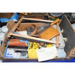 BOX CONTAINING QUANTITY OF VARIOUS WOODEN ITEMS, SMALL PAPER GUILLOTINE AND SOME INKS ETC