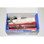 BOX CONTAINING VARIOUS PENS AND RULERS
