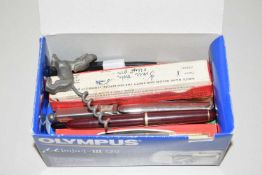 BOX CONTAINING VARIOUS PENS AND RULERS