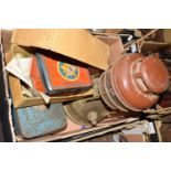 METAL TILLEY LAMP, BOX CONTAINING VARIOUS VINTAGE TINS