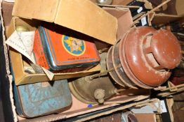 METAL TILLEY LAMP, BOX CONTAINING VARIOUS VINTAGE TINS