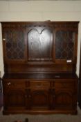 20TH CENTURY STAINED OAK FINISH SIDEBOARD WITH ASTRAGAL GLAZED DISPLAY CABINET ABOVE, WIDTH APPROX