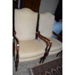 PAIR OF REPRODUCTION MAHOGANY FRAMED UPHOLSTERED ARMCHAIRS WITH TURNED LEGS, EACH WIDTH APPROX 64CM