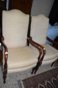 PAIR OF REPRODUCTION MAHOGANY FRAMED UPHOLSTERED ARMCHAIRS WITH TURNED LEGS, EACH WIDTH APPROX 64CM