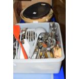 QUANTITY OF KITCHEN IMPLEMENTS AND CUTLERY INCLUDING SOME SILVER PLATED