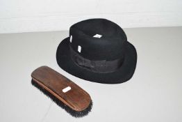 BLACK LEATHER HOMBURG HAT BY G A DUNN & CO, PICCADILLY CIRCUS, TOGETHER WITH A HAIR BRUSH