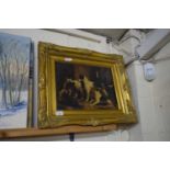 OIL ON BOARD OF GROUP OF DOGS, IN GILT FRAME