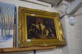 OIL ON BOARD OF GROUP OF DOGS, IN GILT FRAME