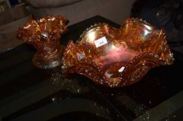 TWO CARNIVAL GLASS BOWLS, LARGEST APPROX 31CM MAX