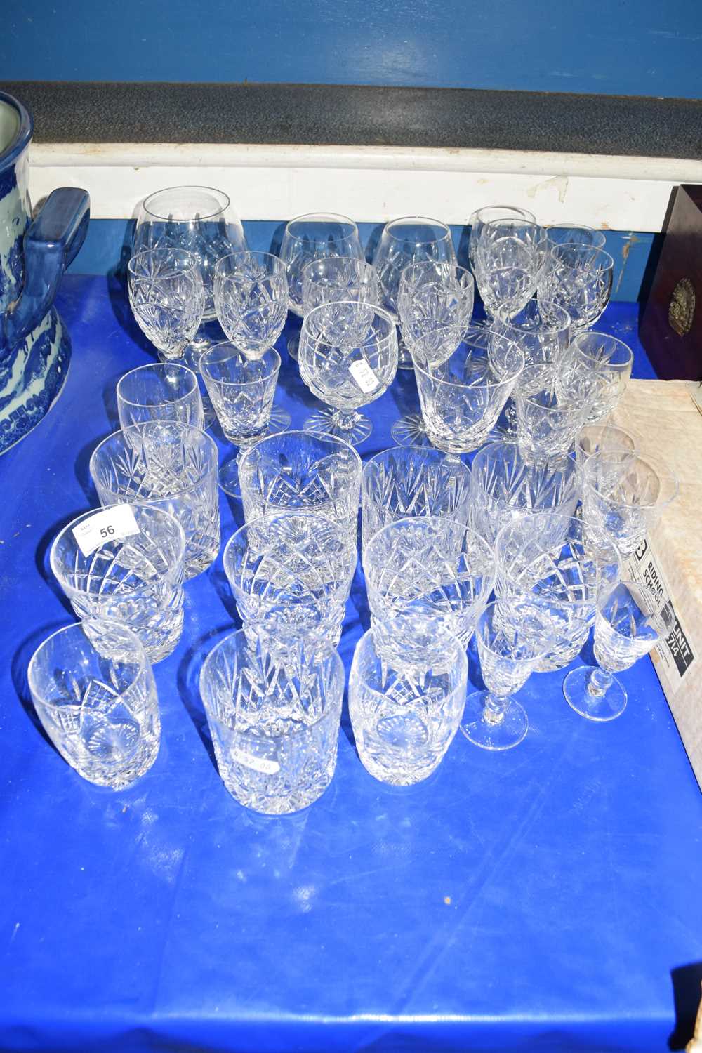 QUANTITY OF CUT GLASS WINE GLASSES, TUMBLERS ETC