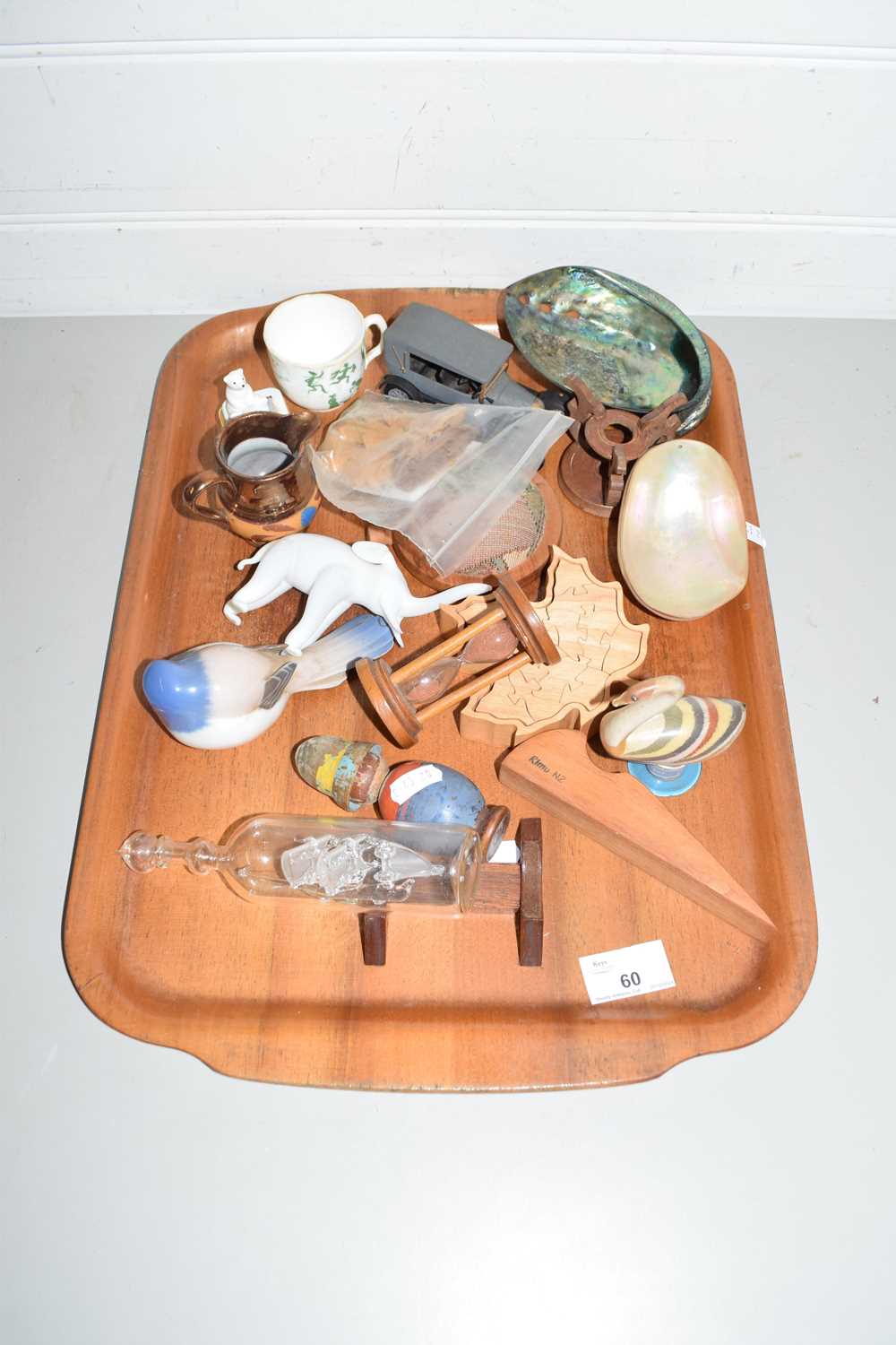 TRAY CONTAINING VARIOUS METAL WARES AND CHINA INCLUDING A COPENHAGEN MODEL OF A BIRD