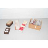 BOX CONTAINING QUANTITY OF PLAYING CARDS AND FURTHER BOX WITH BONE DRAUGHT PIECES, AND OTHER ITEMS