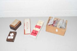 BOX CONTAINING QUANTITY OF PLAYING CARDS AND FURTHER BOX WITH BONE DRAUGHT PIECES, AND OTHER ITEMS