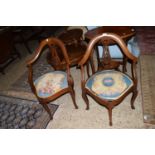 PAIR OF EDWARDIAN BENTWOOD MAHOGANY CORNER CHAIRS WITH NEEDLEPOINT UPHOLSTERY, EACH HEIGHT APPROX