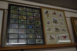 FRAMED CIGARETTE CARDS WITH BUTTERFLIES AND FURTHER SMALL EMBROIDERIES OF BIRDS