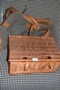 SMALL WICKER PICNIC BASKET TOGETHER WITH VARIOUS BAGS ETC