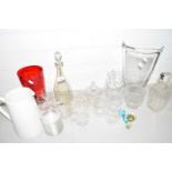 GROUP OF GLASS WARES INCLUDING A DECANTER WITH FACETED STOPPER, GLASS DECANTER, POTTERY JUG AND