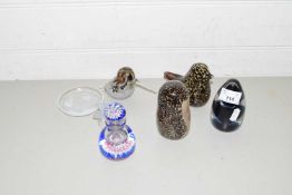 QUANTITY OF PAPERWEIGHTS, TWO MODELLED AS BIRDS, AND ONE WITH GLASS STOPPER AND SMALL OPALESCENT