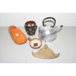 WOODEN CLOG, POTTERY VASE, AND A METAL KETTLE