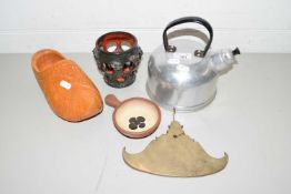 WOODEN CLOG, POTTERY VASE, AND A METAL KETTLE