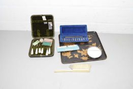 TRAY CONTAINING SMALL SEWING CASE, BUTTON HOOKS, BRUSH, SMALL MIRROR ETC