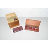 SET OF SMALL POSTAL TYPE SCALES IN WOODEN CASE AND FURTHER WOODEN BOX CONTAINING QUANTITY OF EMPTY