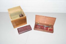 SET OF SMALL POSTAL TYPE SCALES IN WOODEN CASE AND FURTHER WOODEN BOX CONTAINING QUANTITY OF EMPTY