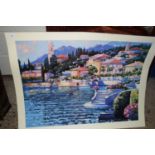 LARGE MOUNTED PRINT OF CONTINENTAL HARBOUR SCENE