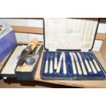 PLATED SET OF DESSERT KNIVES AND FORKS AND QUANTITY OF VARIOUS CUTLERY