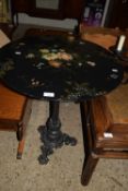 CIRCULAR TABLE ON HEAVY CAST BASE WITH PAINTED FLORAL DECORATION, APPROX 65CM DIAM