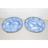 TWO STAFFORDSHIRE BLUE PRINTED PLATES WITH THE HOP PICKERS PATTERN