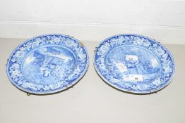 TWO STAFFORDSHIRE BLUE PRINTED PLATES WITH THE HOP PICKERS PATTERN