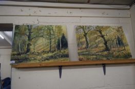 TWO WATERCOLOURS ON BOARD OF WOODLAND SCENES, SIGNED K GRANT