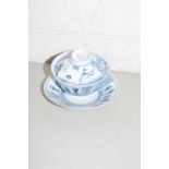 ORIENTAL RICE BOWL, COVER AND STAND WITH BLUE AND WHITE DESIGN