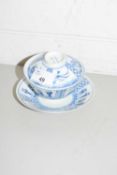 ORIENTAL RICE BOWL, COVER AND STAND WITH BLUE AND WHITE DESIGN