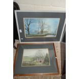 TWO FRAMED WATERCOLOURS 'BRIDGE NEAR GT WALSINGHAM', K J WALTON AND 'MOONLIGHT AT FRITTON' HARRY