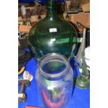 LARGE GREEN GLASS BOTTLE AND FURTHER GLASS JAR