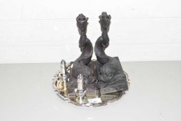 PAIR OF WEDGWOOD BLACK BASALT CANDLESTICKS MODELLED AS FISH ON OVAL BASES, TOGETHER WITH A SILVER