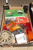 BOX OF VARIOUS CAR SPARES AND LIGHTS, SOME IN ORIGINAL BOXES