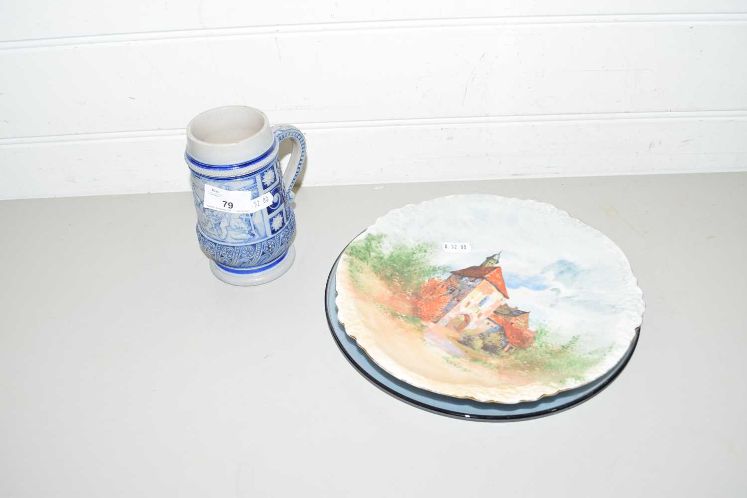 CONTINENTAL BLUE AND WHITE POTTERY TANKARD AND OTHER CHINA ITEMS
