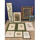 Qty of framed and glazed pictures including the Map of Thames, 5 unframed bird studies and other