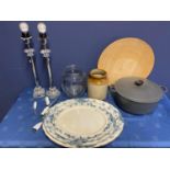 Qty of general house clearance items to include lamps, old platters, kitchenalia, (all with wear and