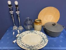Qty of general house clearance items to include lamps, old platters, kitchenalia, (all with wear and