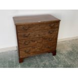 George III cross banded figured mahogany small bachelors chest of 4 long graduated drawers, 74L,