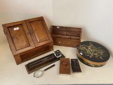 Hardwood stationery cabinet, a desk tidy, a tooled and gilt leather pen try and inkwell, a painted