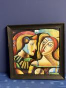 Framed modernist oil painting portrait 44.5 x 44.5cm