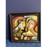 Framed modernist oil painting portrait 44.5 x 44.5cm