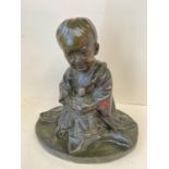 Chinese hollow bronze kneeling child holding a baby, 30cm H (condition good)